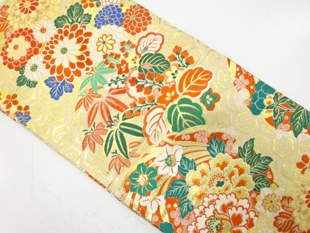 JAPANESE KIMONO / ANTIQUE MARU OBI / WOVEN PAULOWNIA & KIKU & BAMBOO GRASS